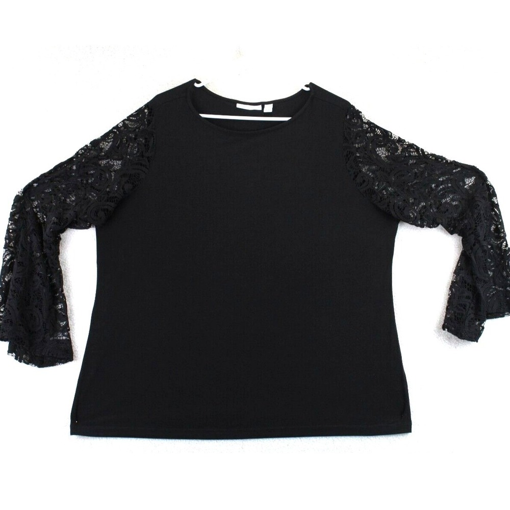 Susan Graver Black Lace Sleeve Bell Sleeve Top Women's XL Made in Vietnam